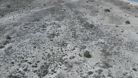 Aerial-top-down-view-of-the-beach-overlooking-a-sandy-island-in-the-middle-of-the-ocean-in-the-background