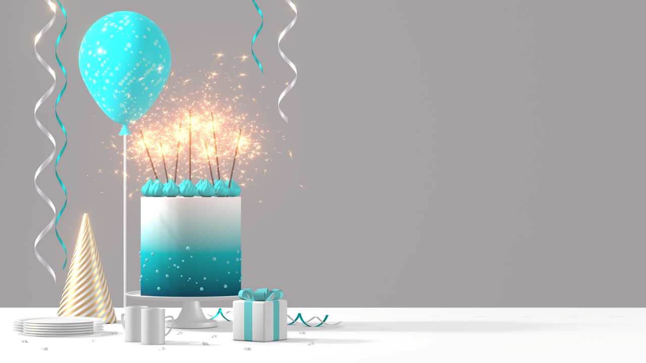 декорация вечеринки дня рождения 3d анимация 4k фон включает в себя торт с горящими искрами, воздушный шар и подарочную коробку. праздничные украшения с копировальным пространством