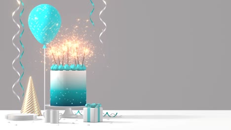 decoración de fiesta de cumpleaños animación 3d 4k fondo incluye un pastel con chispas ardientes, un globo y una caja de regalos decoraciones festivas con espacio de copia