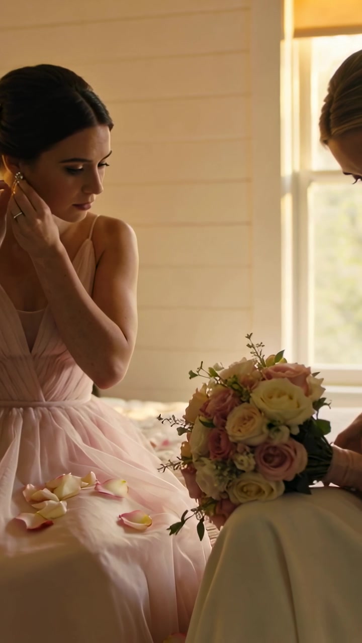 Seated woman adjusting earring, helper leaning in fixing bouquet and fastening bracelet for wedding