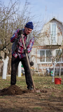 man in checkered shirt digs a pit in his garden. industrious gardener planting new trees. vertical video.