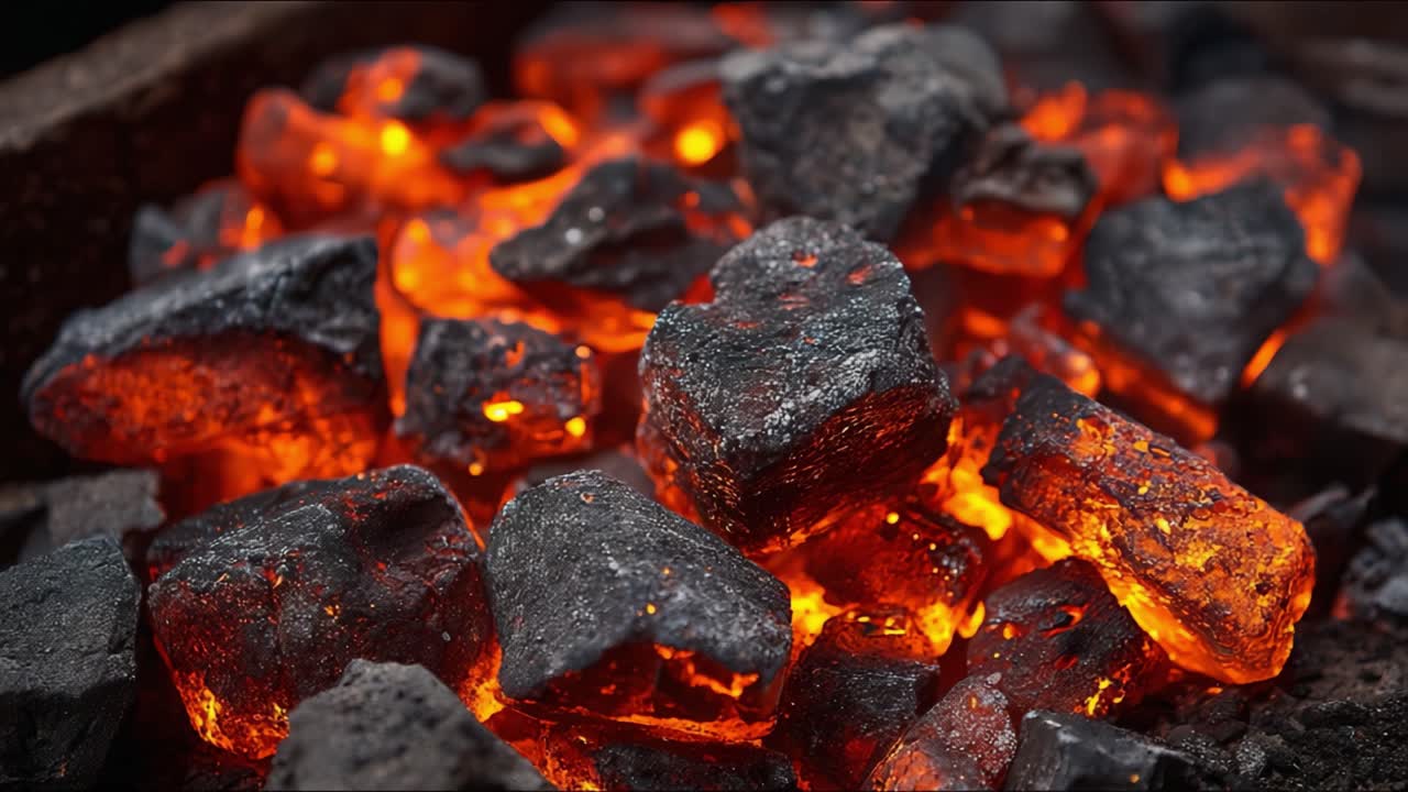Glühende Holzkohleglut: Eine Nahaufnahme von hell glühenden Kohlen in einer Feuerschale, die ihr feuriges Leuchten und ihre Textur bei schwachem Licht hervorhebt.