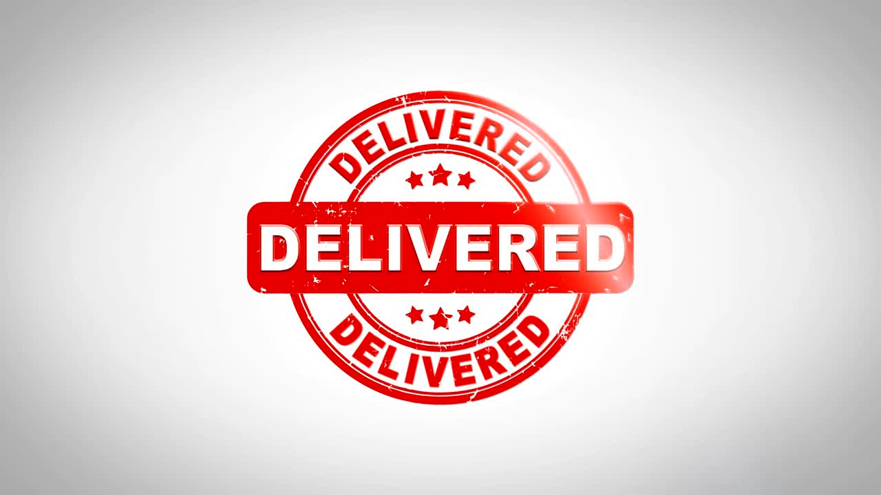 delivered  Signed Stamping Text Wooden Stamp Animation. Red Ink on Clean White Paper Surface Background with Green matte Background Included.