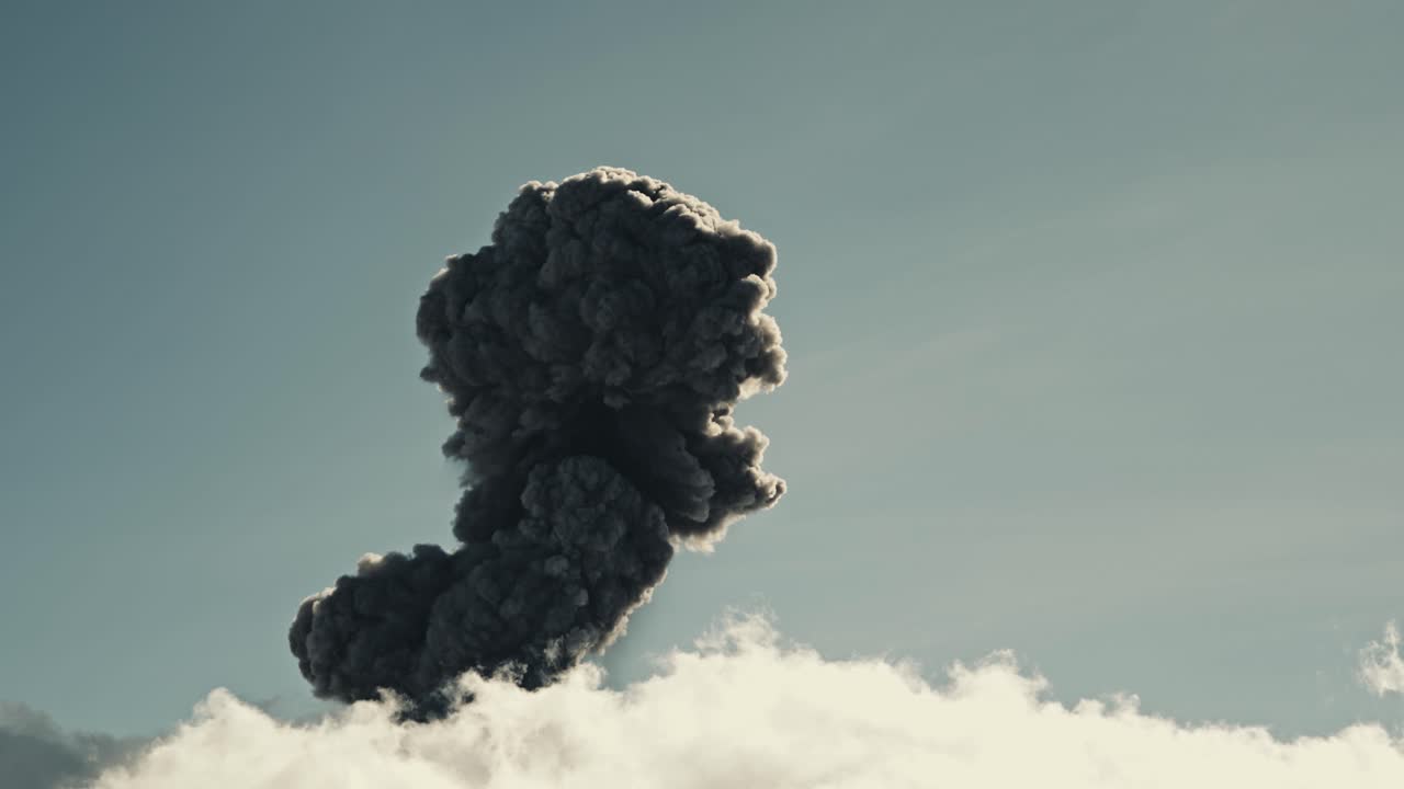 Massive dark smoke clouds rises above white fluffy clouds