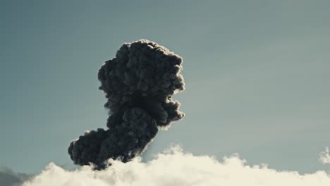 massive dark smoke clouds rises above white fluffy clouds