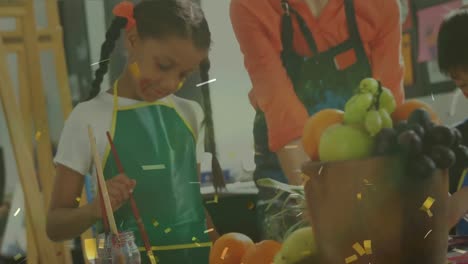 animación de confeti dorado cayendo sobre una estudiante biracial y una maestra en clase de arte
