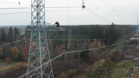 wide shot of repair man on pylon and electrical power lines in forest surroundings