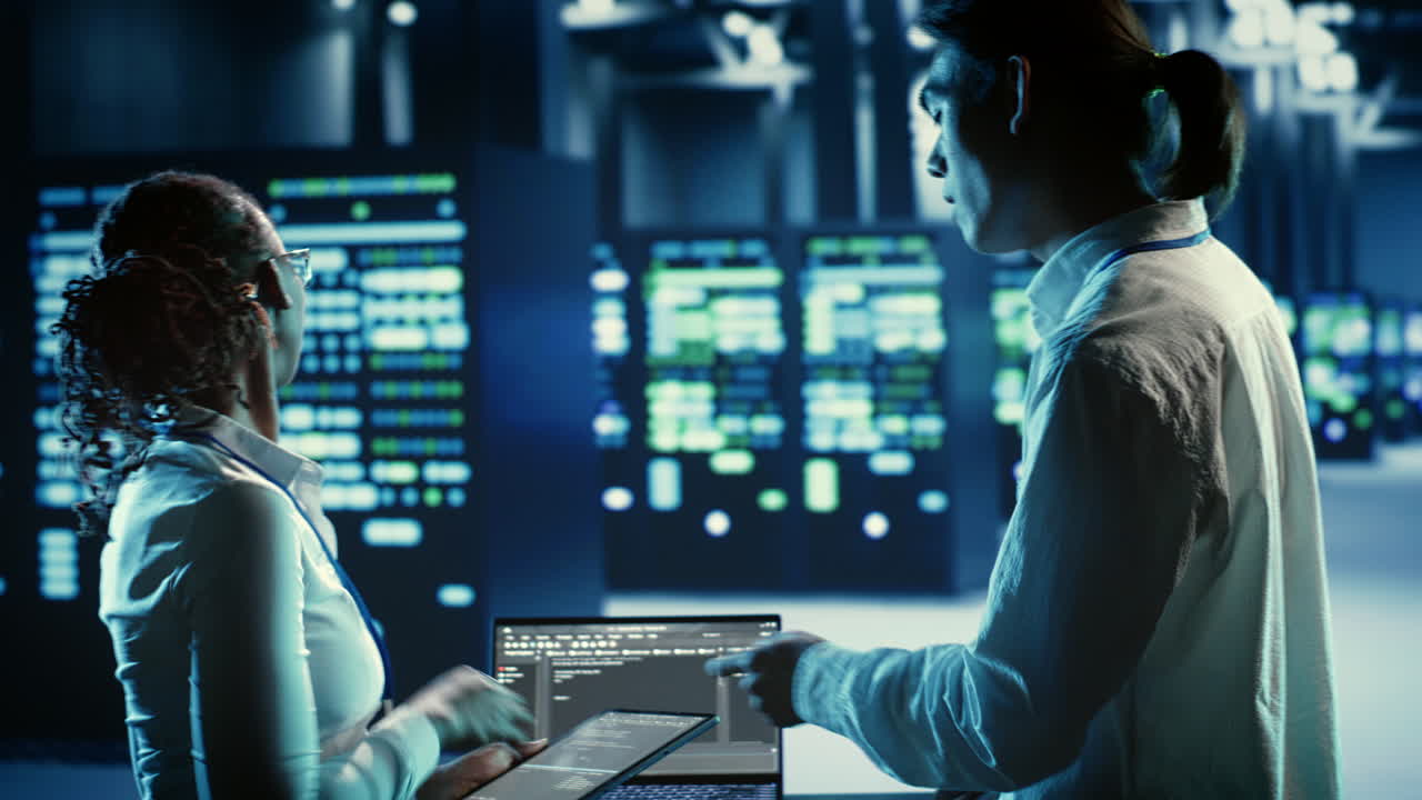 Workers coding in data center