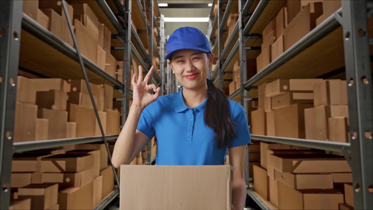 mensajera asiática en uniforme azul mostrando el gesto de "okay" y sonriendo mientras entrega una caja en el almacén