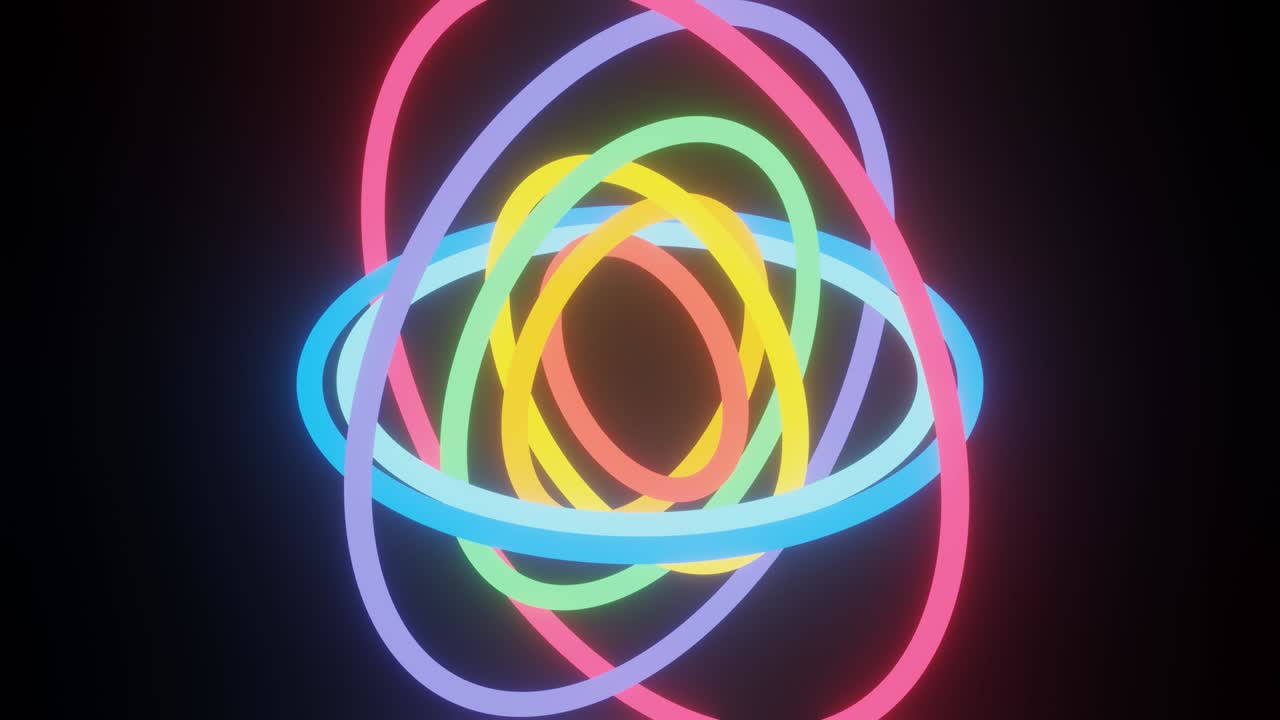 Neon glowing multicolor rings in a dark space. Seamless loop animated object on a black background
