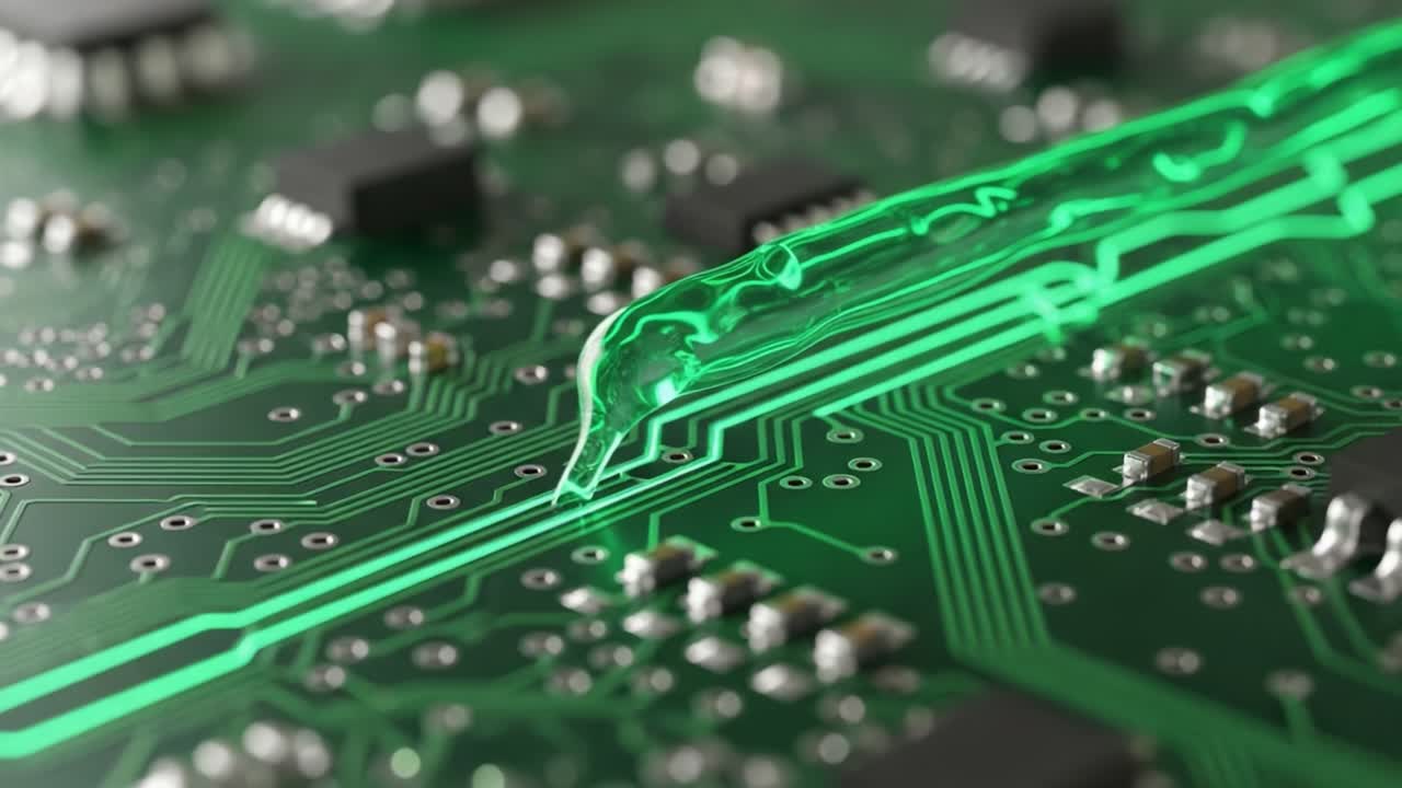 Intricate Close-Up of a Circuit Board Highlighting a Vivid Green Pathway, Merging Technology and Nature with Detailed Components and Connections