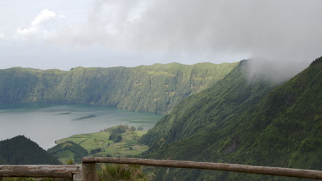 stunning view to sete cidades massif with crater lake during misty day