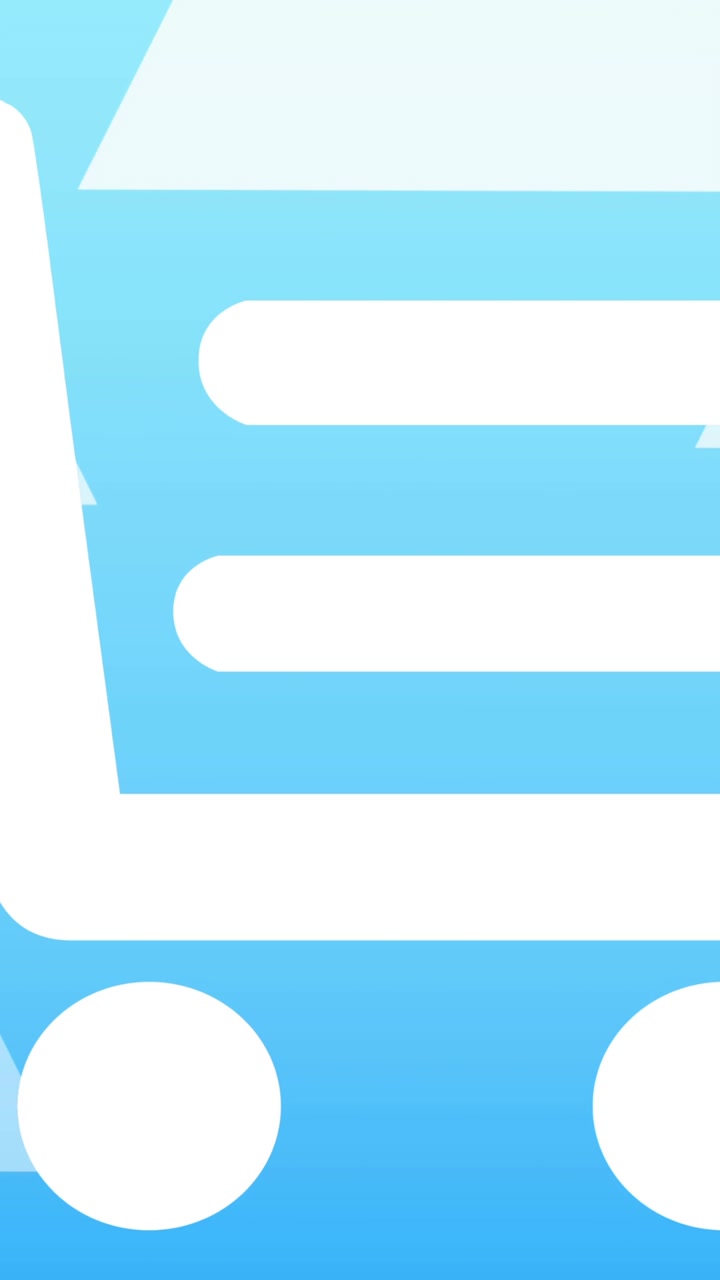 Animation of online shopping trolley icon over white triangles on blue background
