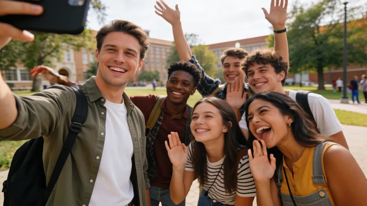 Un estudiante, con un smartphone en la mano, encuadra una selfie mientras sus amigos se acercan y saludan en un campus universitario