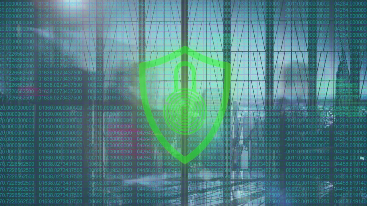 Digital security shield and lock animation over binary code and cityscape