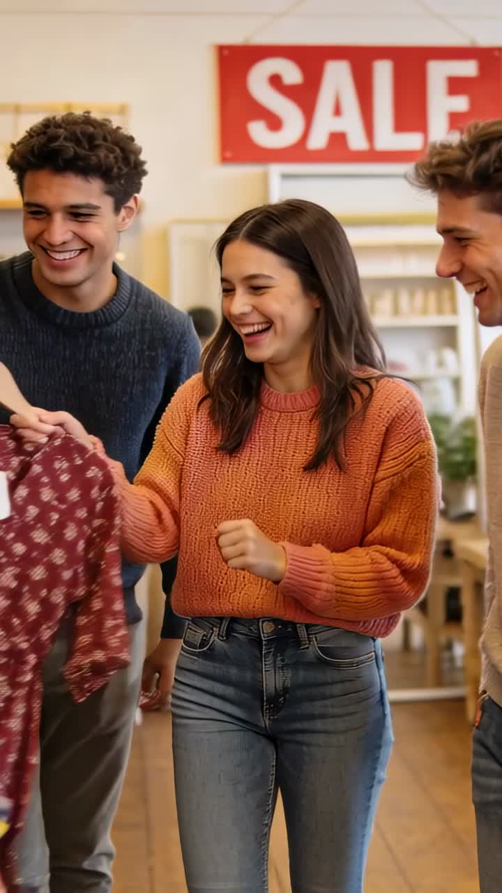 Video verticale: Notando un vestito sotto la scritta SALDI, una donna con maglia color ruggine prende un vestito bordeaux in negozio, indecisa.