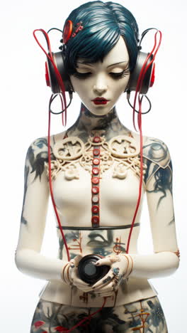 muñecas estatuas femeninas de porcelana con altavoces de audio y auriculares hechos con ai