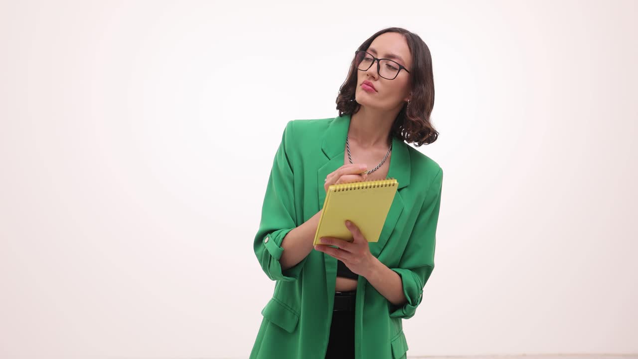 Woman writing and thinking with a notepad and pen