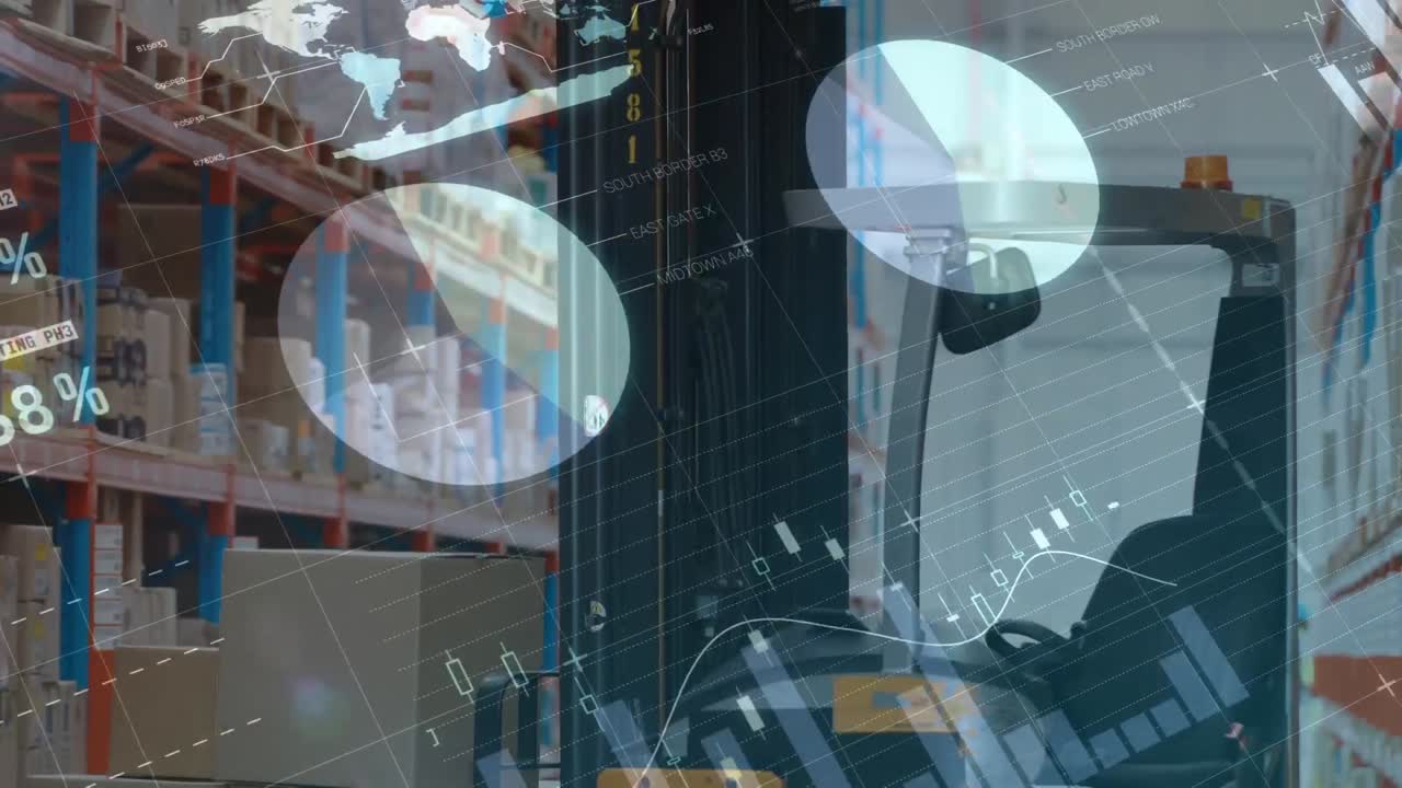animación del procesamiento de datos y las estadísticas sobre carretillas elevadoras en el almacén