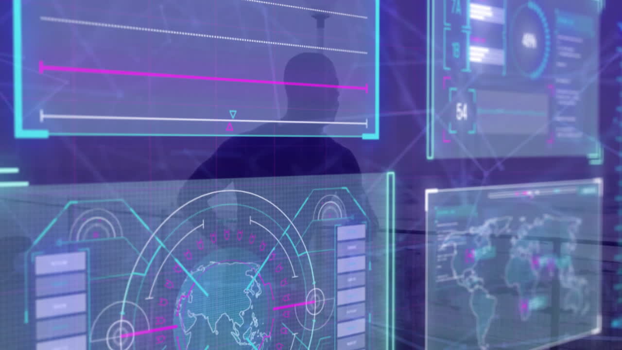 animación de pantallas con procesamiento de datos en fondo oscuro