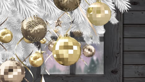 animation of snow falling and christmas decorations with winter scenery seen through window