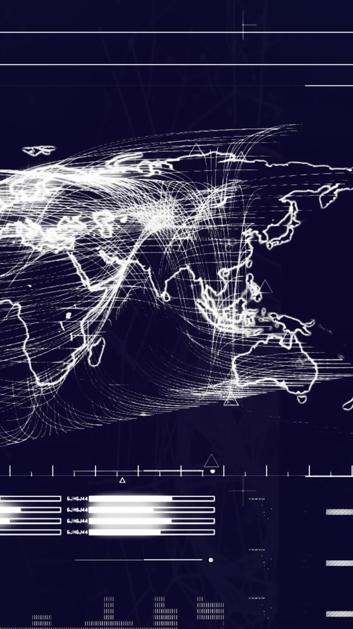 Animation of data processing with world map on black background