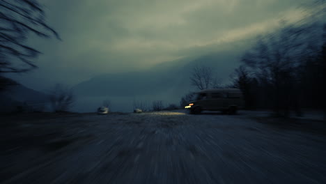 misty mountain road at dusk