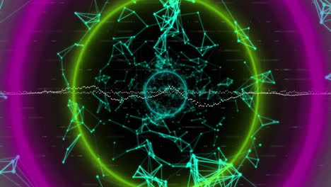 animación de formas circulares de neón en un patrón sin costuras contra la red de conexiones
