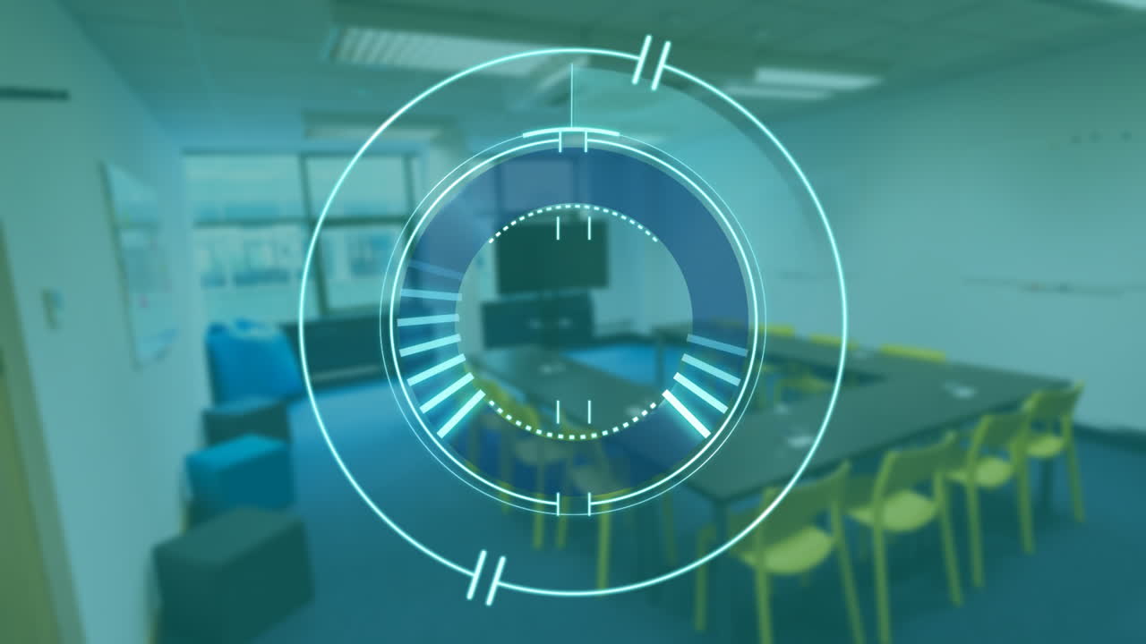 Futuristic digital interface animation over modern conference room with blue chairs