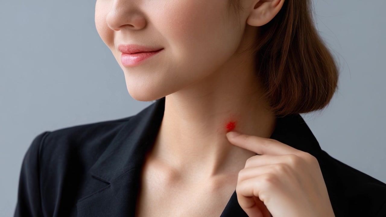 Primo piano di una donna che indica una macchia rossa evidente sul collo, mettendo in risalto problemi e preoccupazioni della pelle in un contesto urbano elegante.