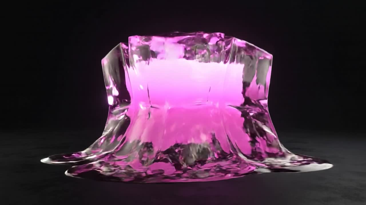 Cubo de gelatina rosa maleável estufando, cedendo e se reformando em uma superfície escura e brilhante, com um brilho que impulsiona seu movimento.
