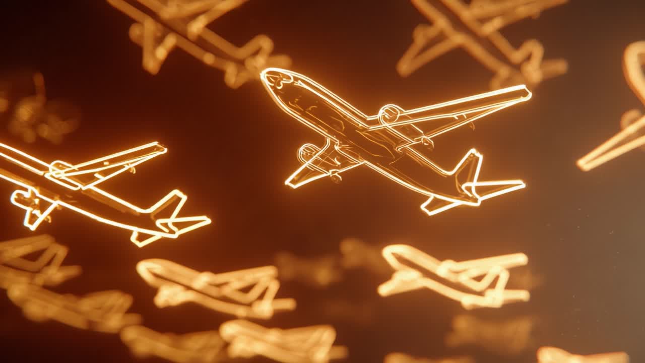 Luminous golden airplane shaped lights are slowly moving and floating against a dark background, creating a dreamy and abstract visual representing the concept of air travel and aviation