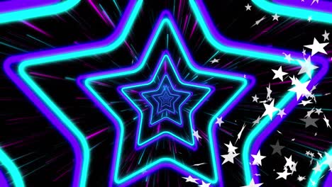 Animation-of-star-icons-floating-over-neon-star-shapes-in-seamless-pattern-against-black-background