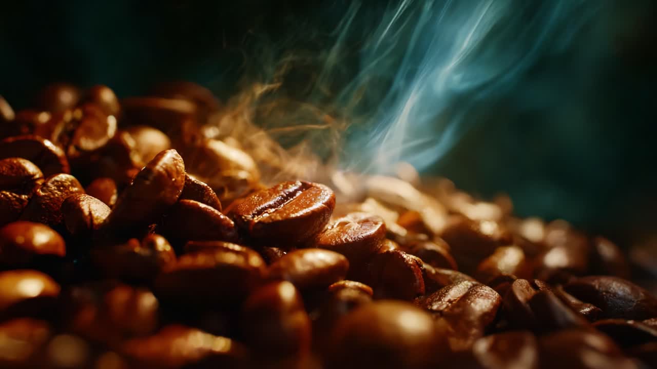 Aromatic Coffee Beans: Captivating Steam and Rich Gloss from Freshly Roasted Coffee Beans with Beautiful Textures and Colors Showcasing Their Essence and Flavor