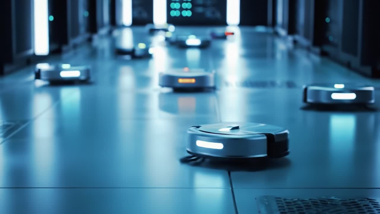 Multiple robotic machines autonomously clean a modern facility during nighttime. They move quietly along the floor, illuminating their surroundings with soft lights, showcasing advanced technology.