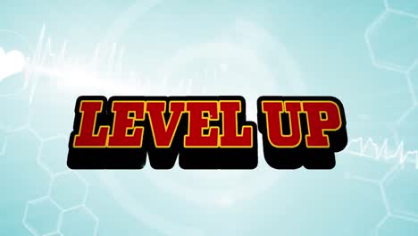 animation of level up text in red letters over medical data processing on blue background