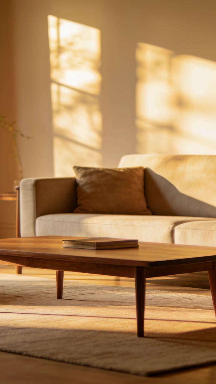 Vertical video: Shifting late-afternoon sunlight casting shadows across home sofa and book on table