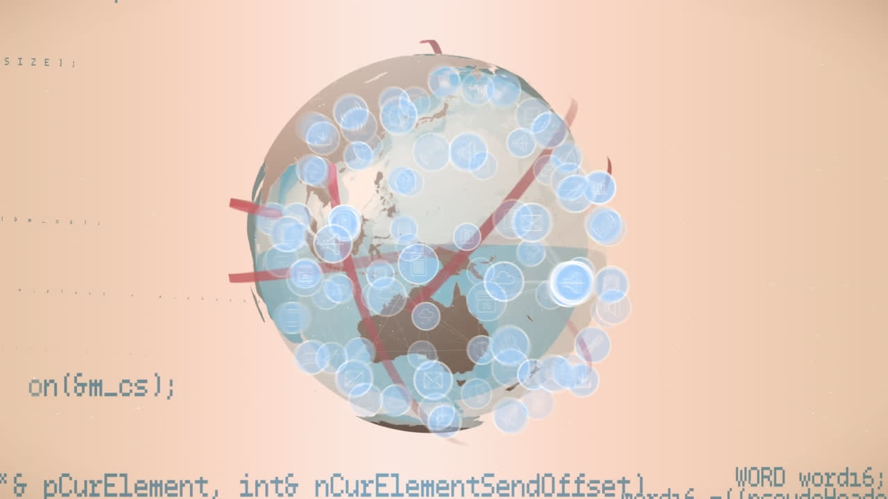 오렌지색 배경에 기술 아이콘과 데이터 처리로 만들어진 지구의 애니메이션