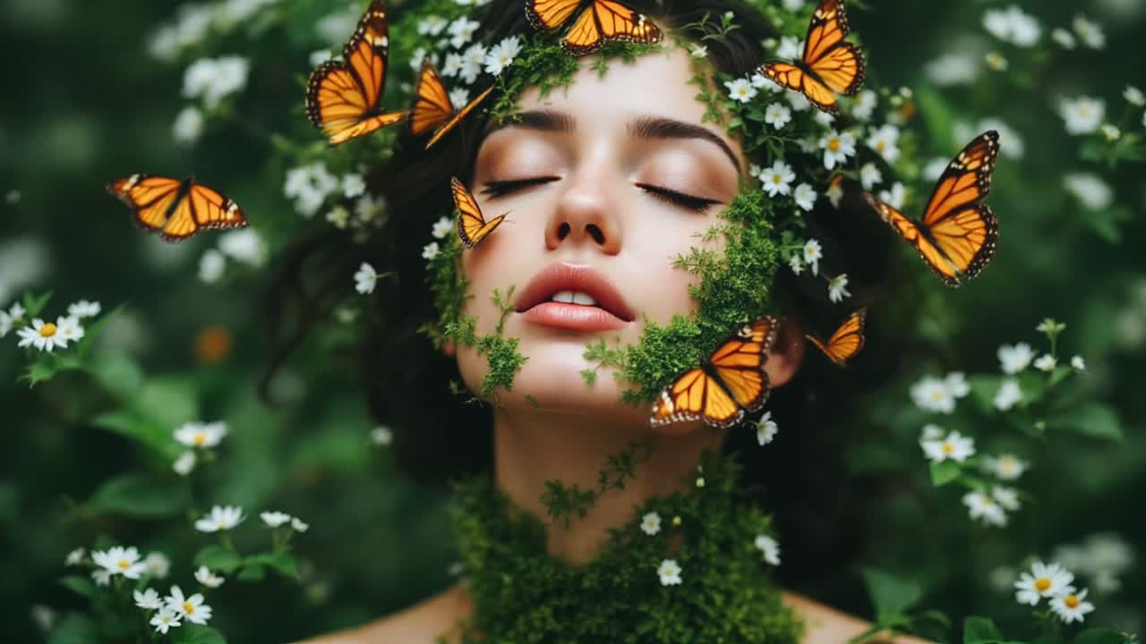 Woman adorned with flowers and butterflies in a natural setting