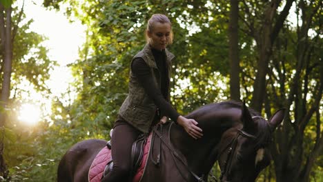 Young-girl-riding-beautiful-brown-horse-in-park-during-sunny-day.-Beautiful-female-rider-sitting-in-saddle-on-stallion