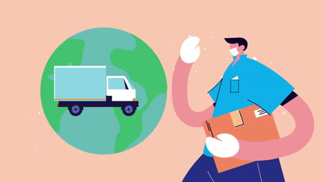 delivery service truck with worker and earth planet animation