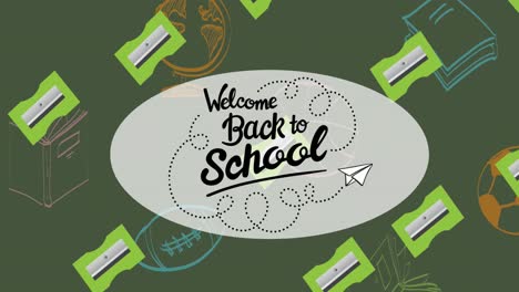 Animation-of-welcome-back-to-school-text-over-school-items-icons-on-green-background