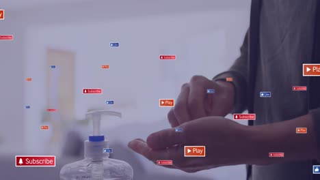 animation of media icons over caucasian woman disinfecting hands