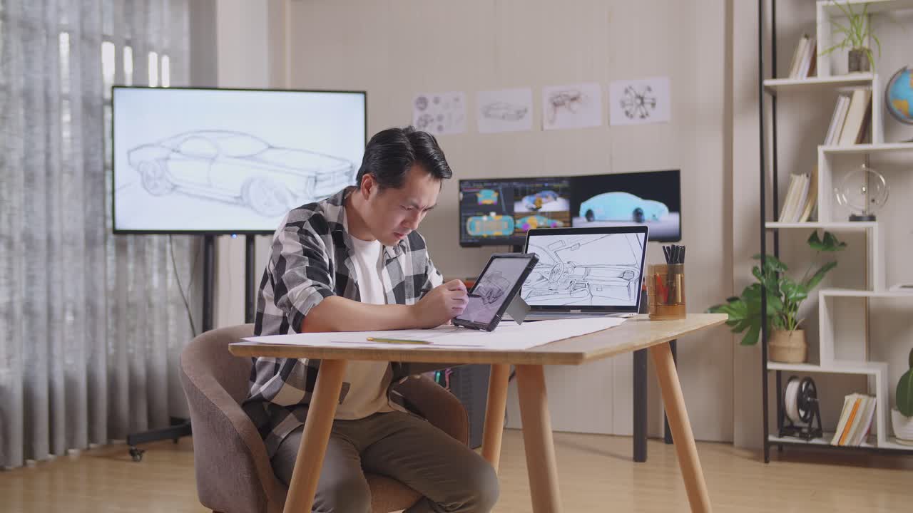 아시안 남성의 측면 뷰는 tv와 컴퓨터 디스플레이 3d 전기 자동차 모델을 가진 스튜디오에서 태블릿에 새로운 자동차 디자인 컨셉을 그리는 동안 yawn