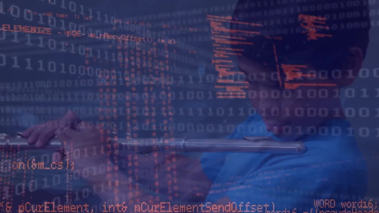 animación de codificación binaria y procesamiento de datos sobre un niño indio tocando la flauta en la escuela