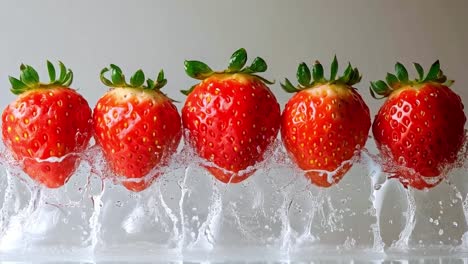 five fresh strawberries splashing into water