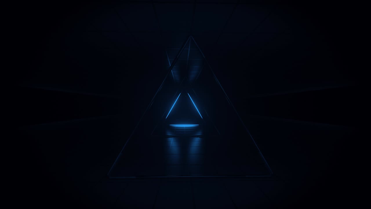 fondo futurista azul abstracto. espacio de tubos de luz de neón brillantes de astera en fondo negro. tecnología, concepto vj. vista interior del túnel desde un triángulo. lámpara led. animación de bucle 3d de 4k