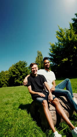 happy friends laughing together in a sunny park