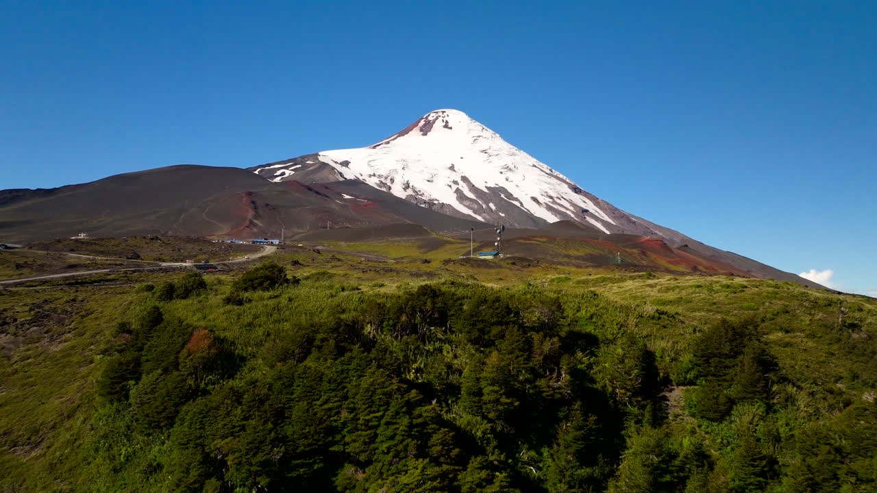 Volcano Osorno, South American iconic landmarks, cinematic aerial view
