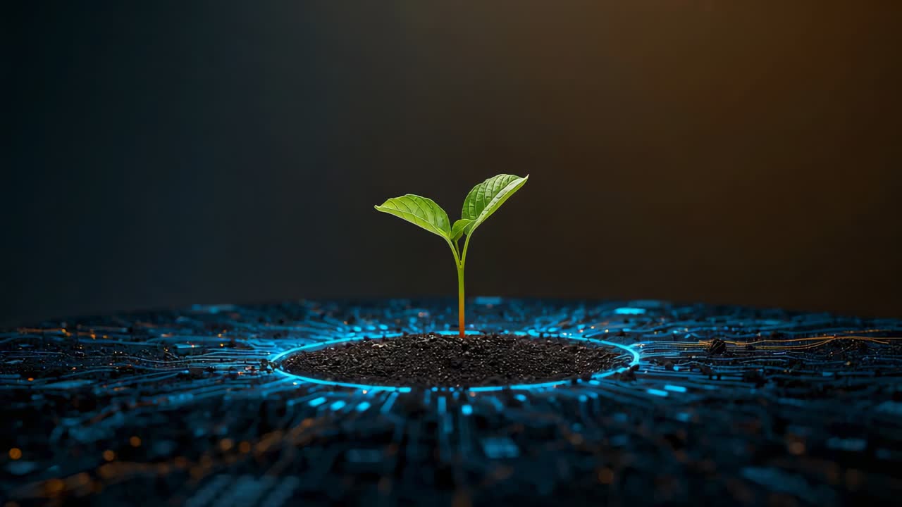 Pulsing blue circuit traces, amber rim causing camera zooming toward green sprout on soil in studio